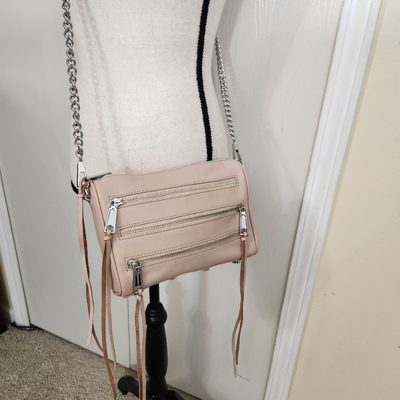 rebecca minkoff leather ivory 3 zip moto rocker crossbody fringe studs boho euc - Picture 1 of 15